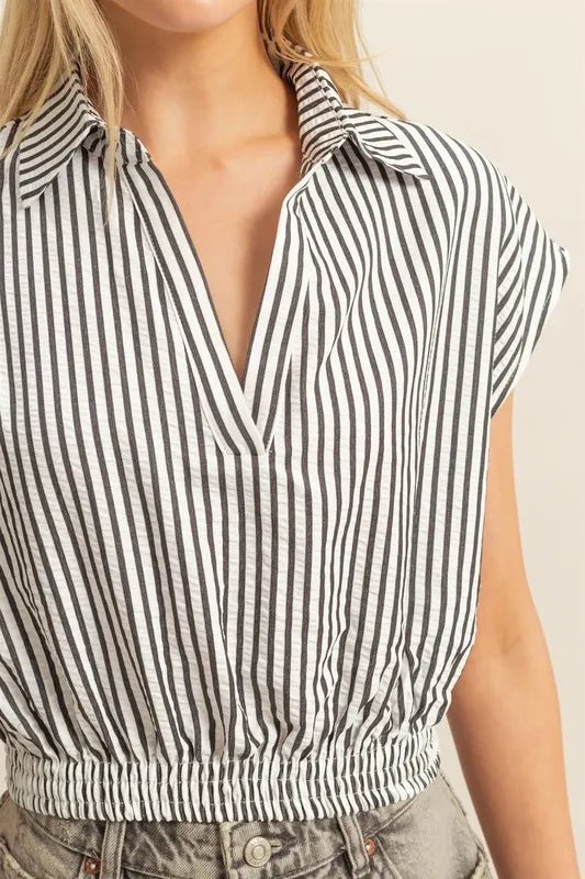 HYFVE Striped Elastic Hem Johnny Collar Cap Sleeve Blouse - Love Salve